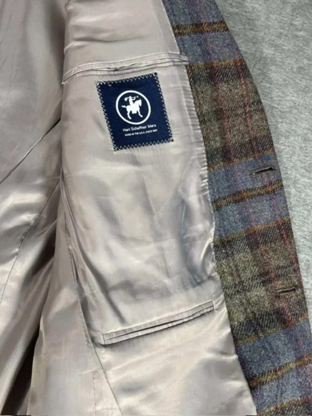 Hart Schaffner Marx Wool Brown Blue Plaid Blazer Made USA Sport Coat 46R Preppy